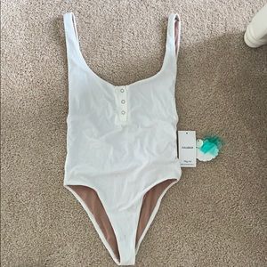 Low back white one piece swimsuit